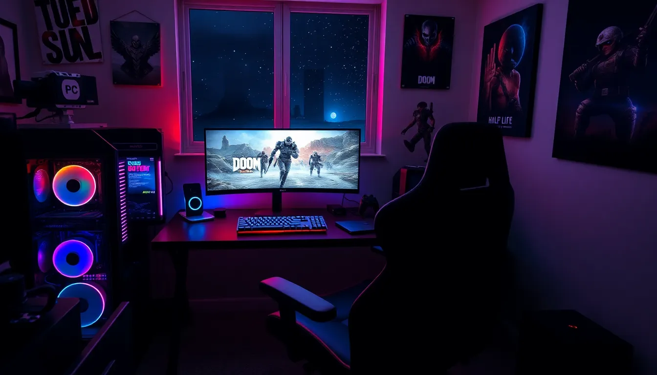 a high-end gaming setup featuring a PC and immersive game display.