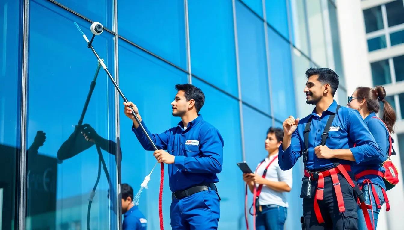 diverse team of professionals cleaning windows on a modern office building.