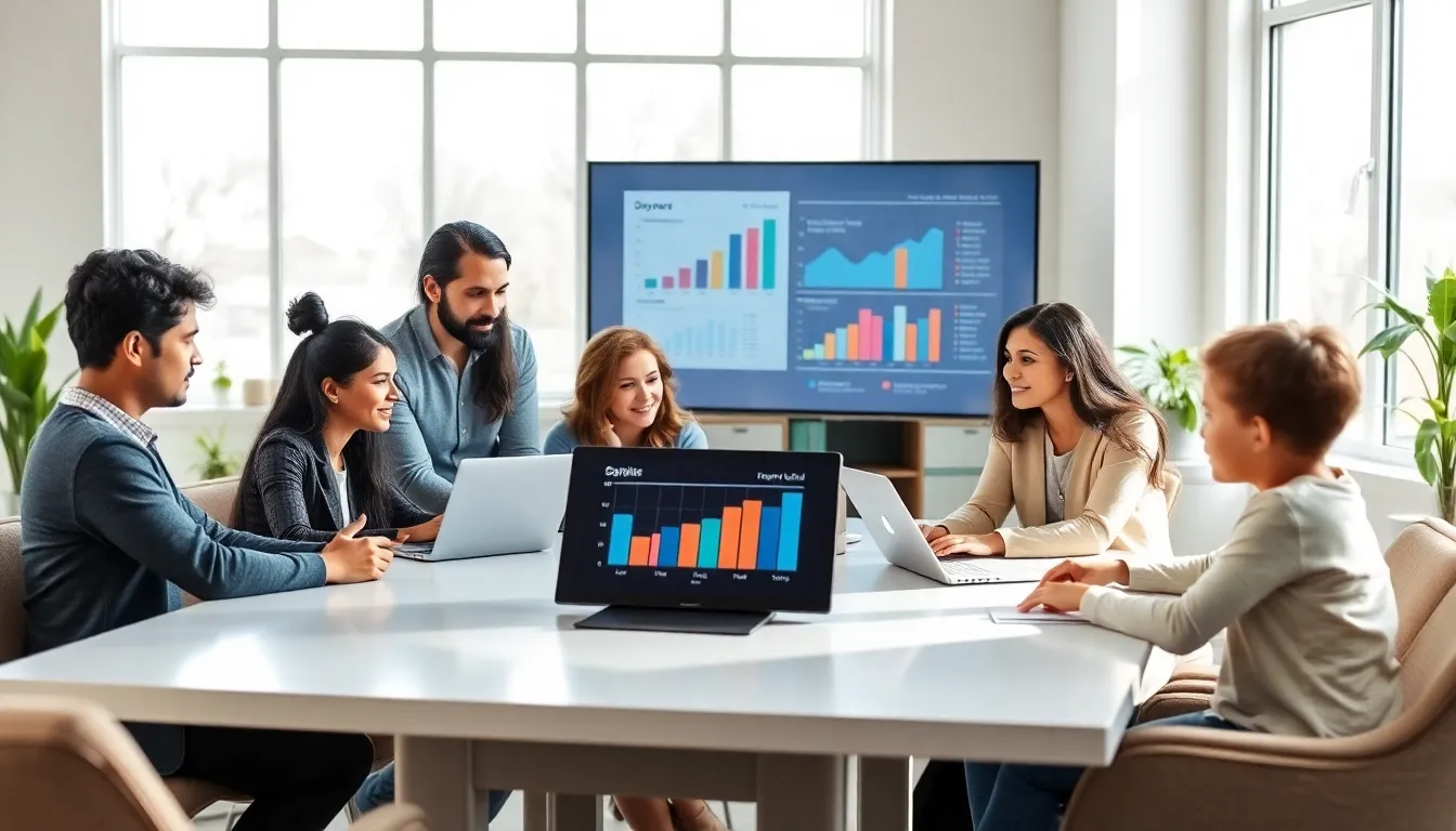 diverse parents discussing daycare costs in a modern office setting.