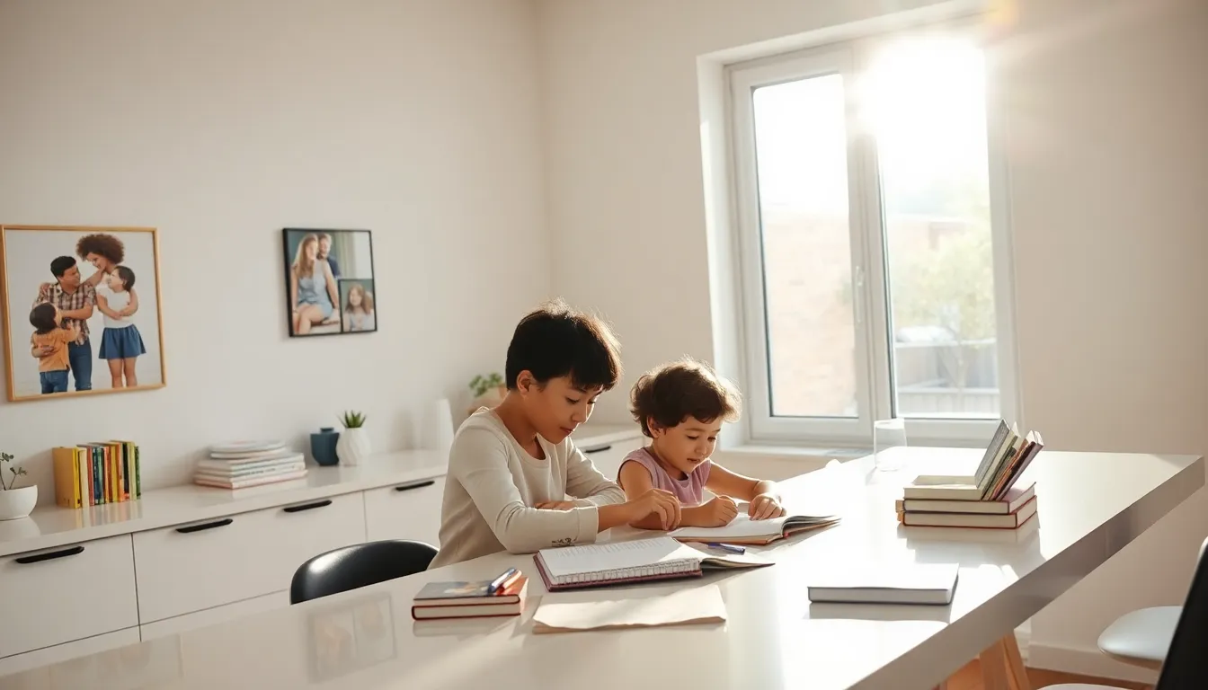 solo parent helping child with homework in a bright kitchen.