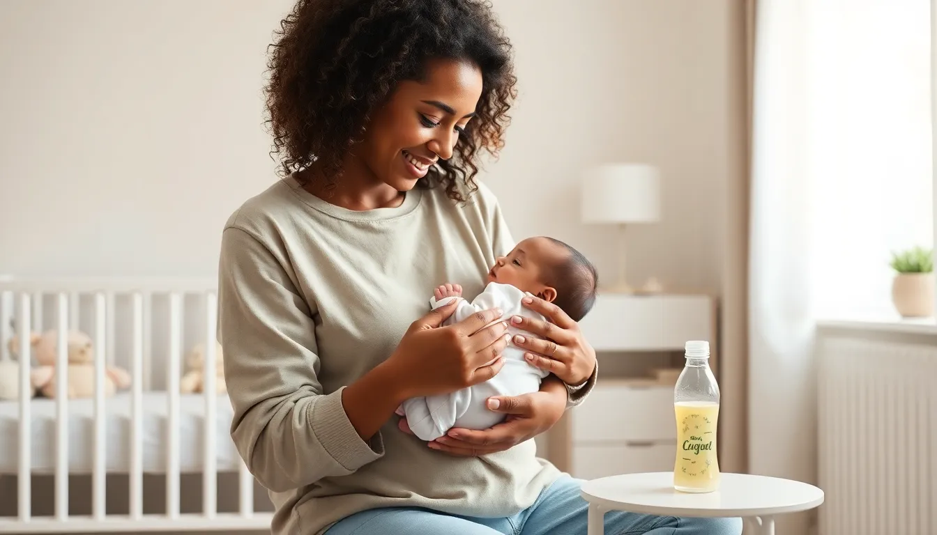 Mother feeding her newborn in a calming nursery.