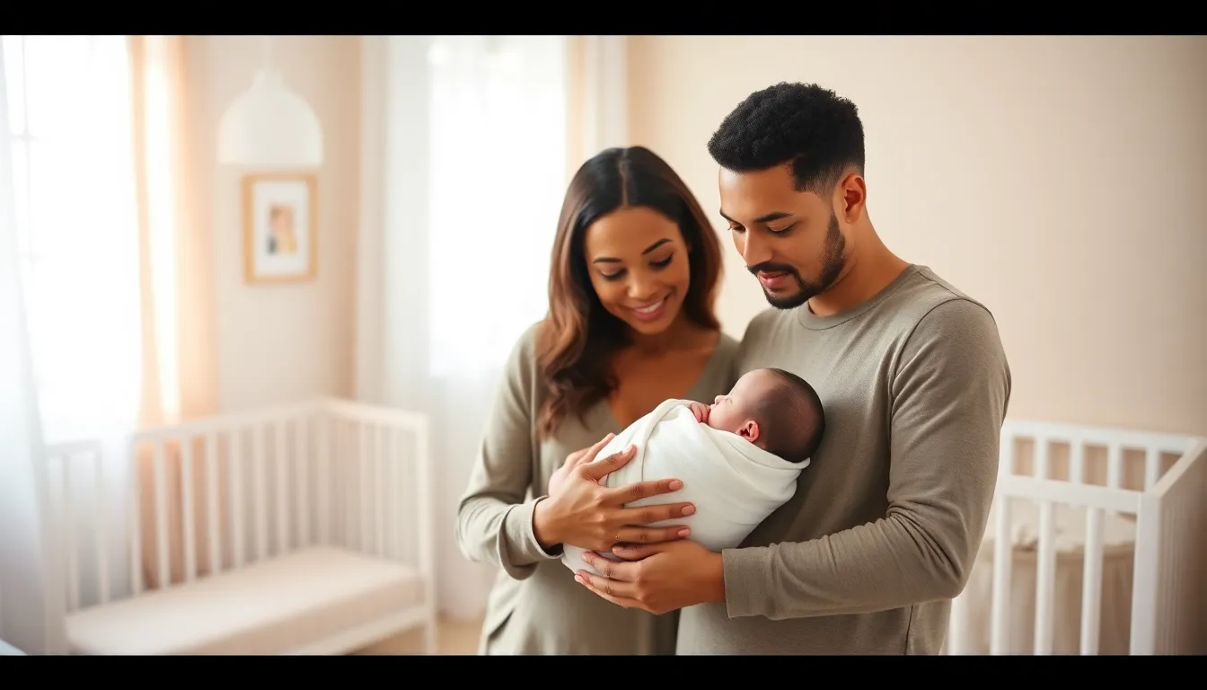 diverse parents swaddling their baby in a cozy nursery.