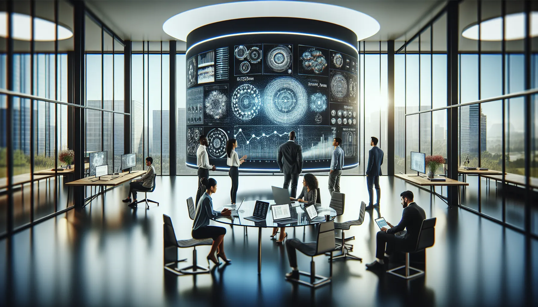 diverse team discussing advanced technology in a modern office.