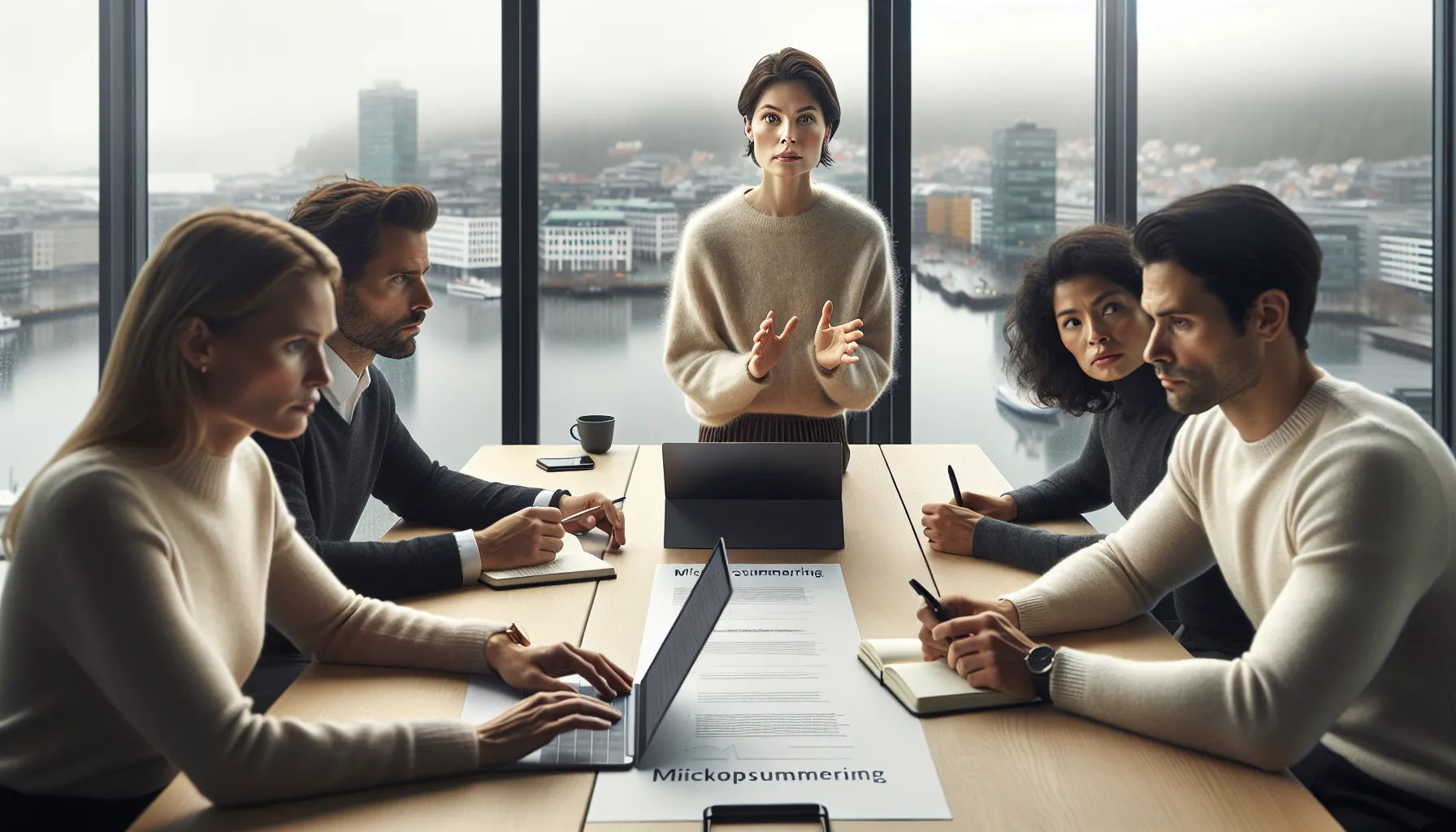 Woman uses i-message as team listens and logs decisions on a laptop.