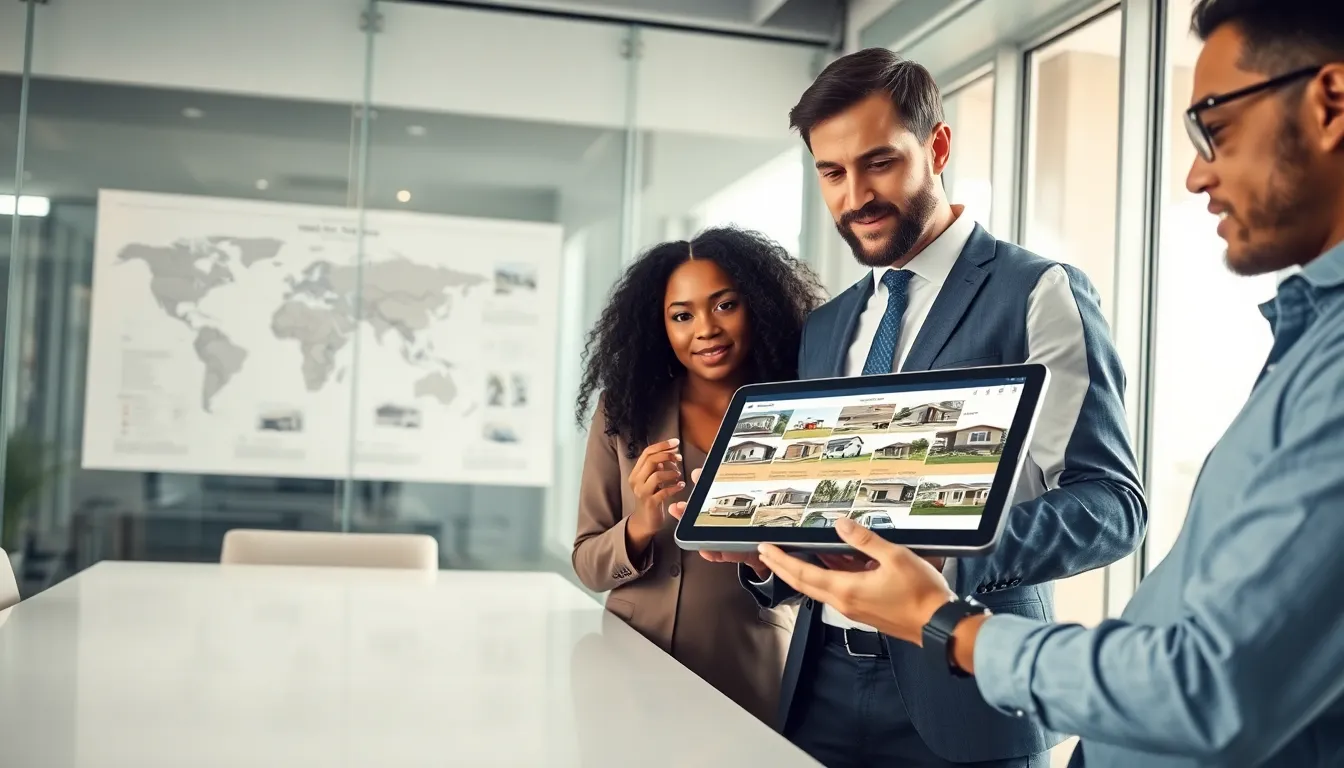 real estate agents discussing mobile homes in a modern office.