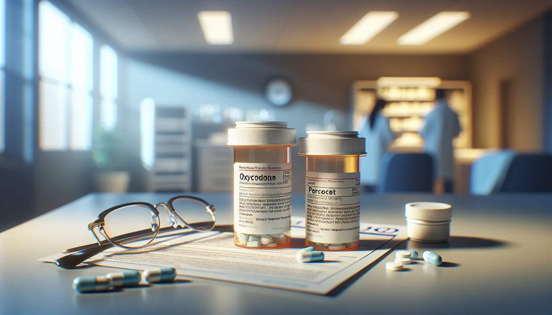 Prescription bottles of oxycodone and Percocet on a surface in a healthcare setting.