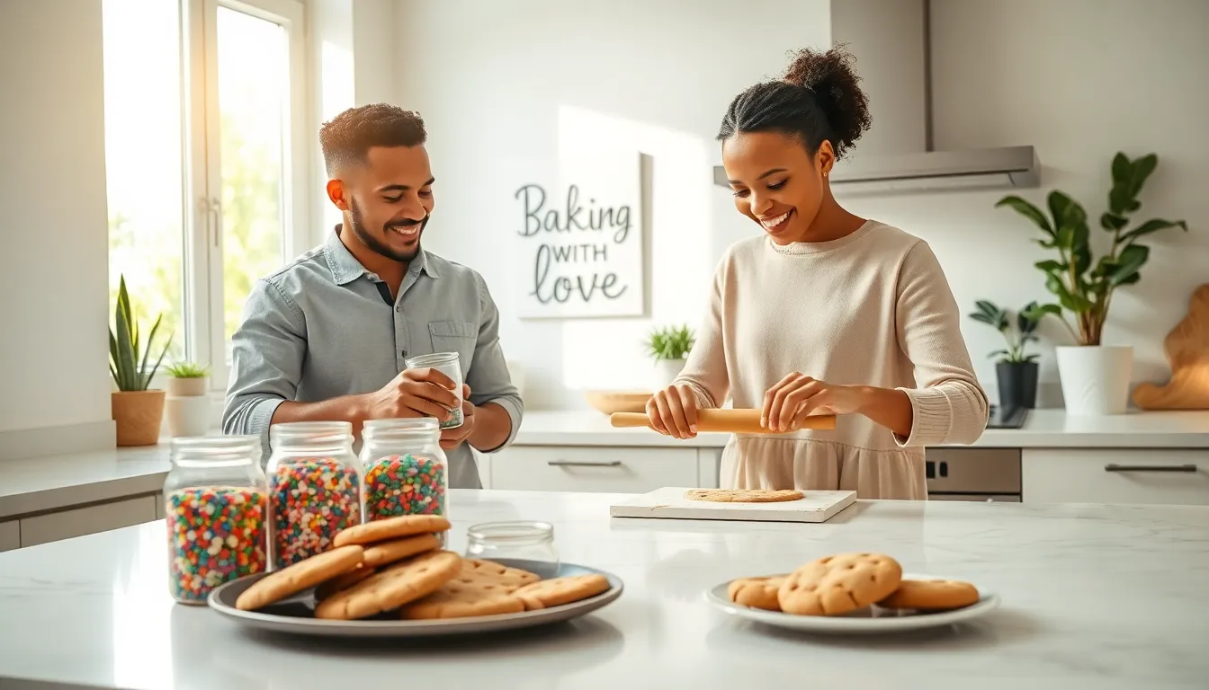 couple baking cookies together in a cozy kitchen setting.