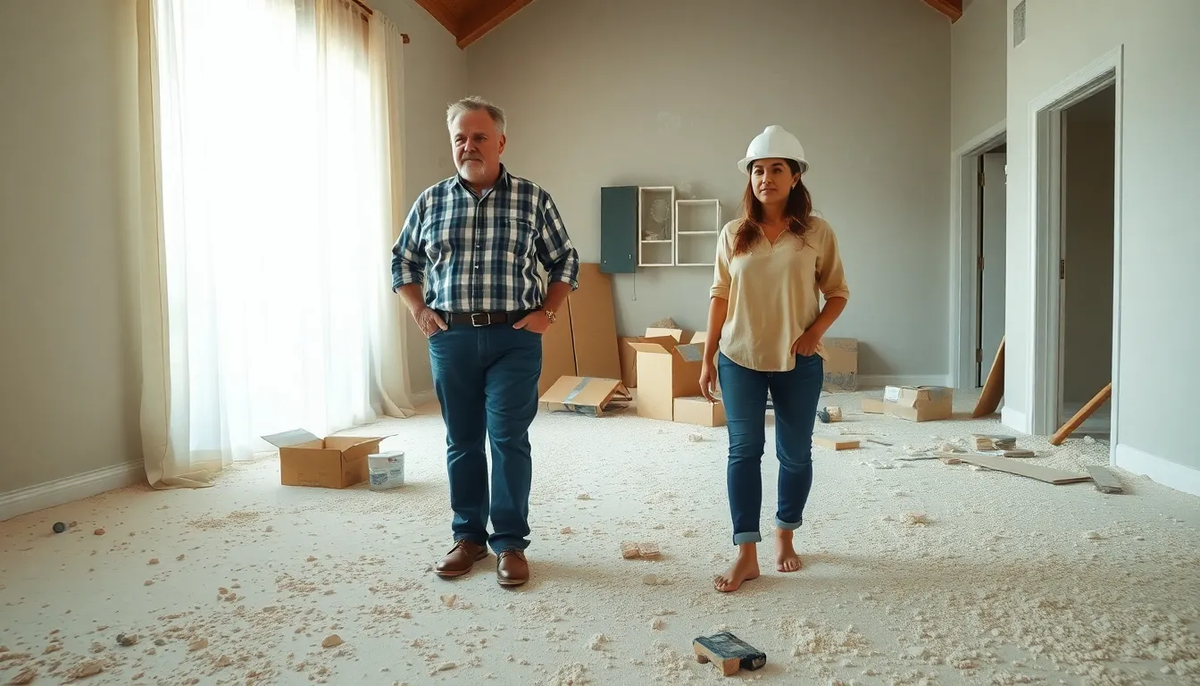 professionals inspecting dust and debris in a renovated living room.