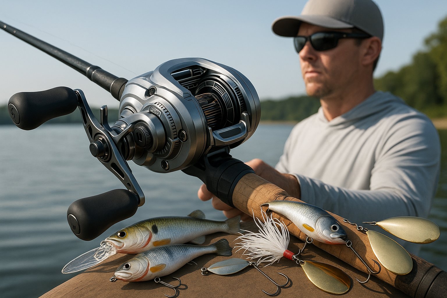 Heavy-duty fishing reel with large lures by a lakeside angler.
