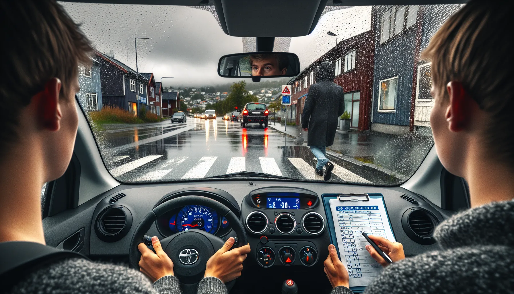 Examiner brakes as learner nears a pedestrian at a rainy norwegian crosswalk.