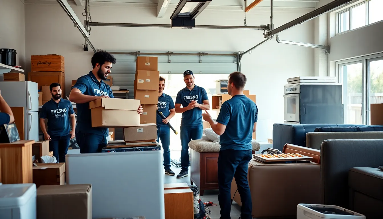 Diverse junk removal team sorting items in a clean garage.