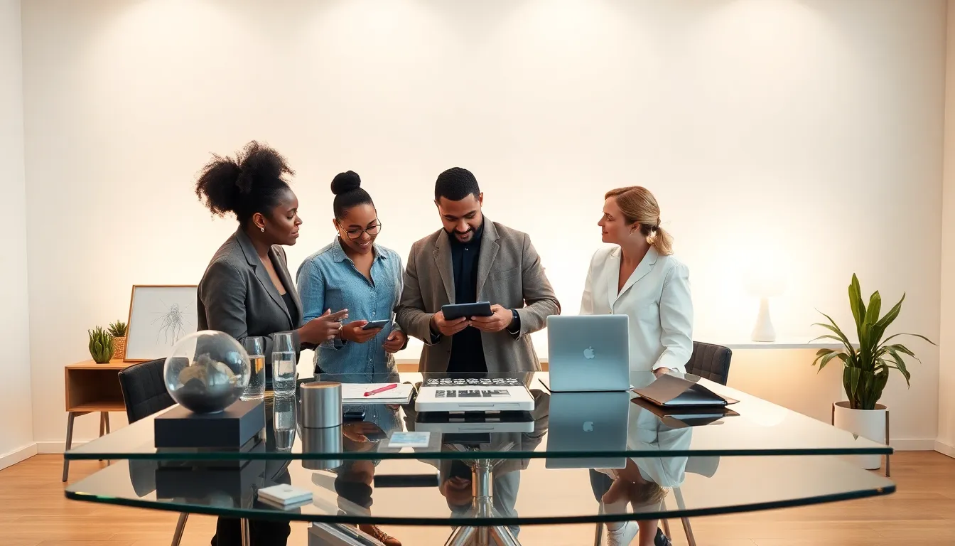 diverse professionals brainstorming in a modern workspace.