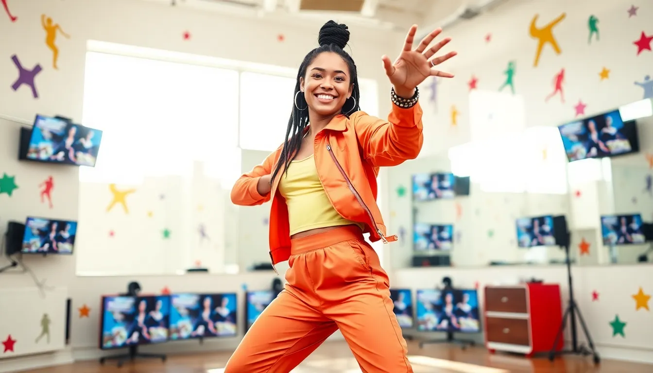 a young dancer performing in a bright, colorful studio.