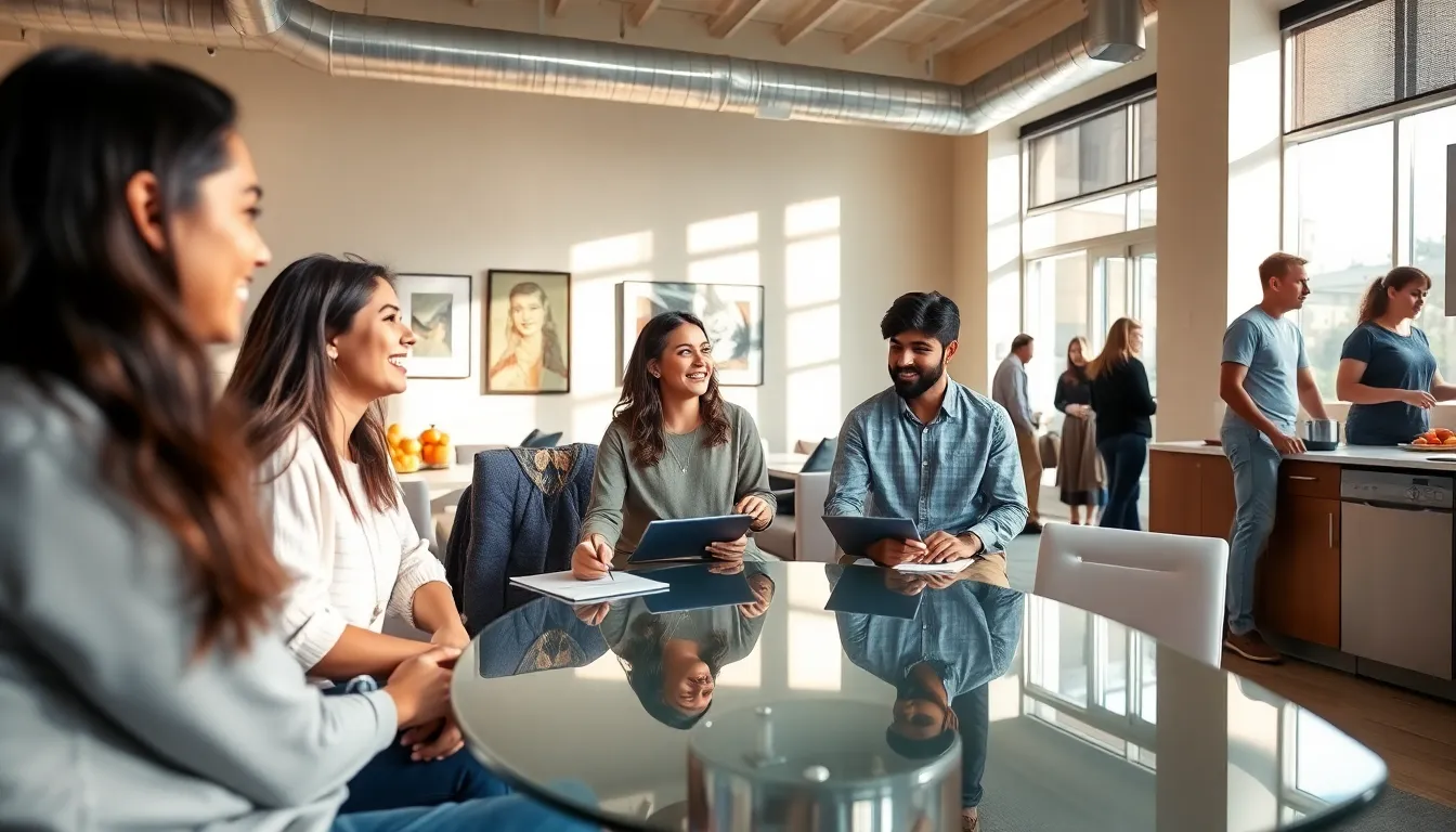 students socializing in a modern university housing common area.