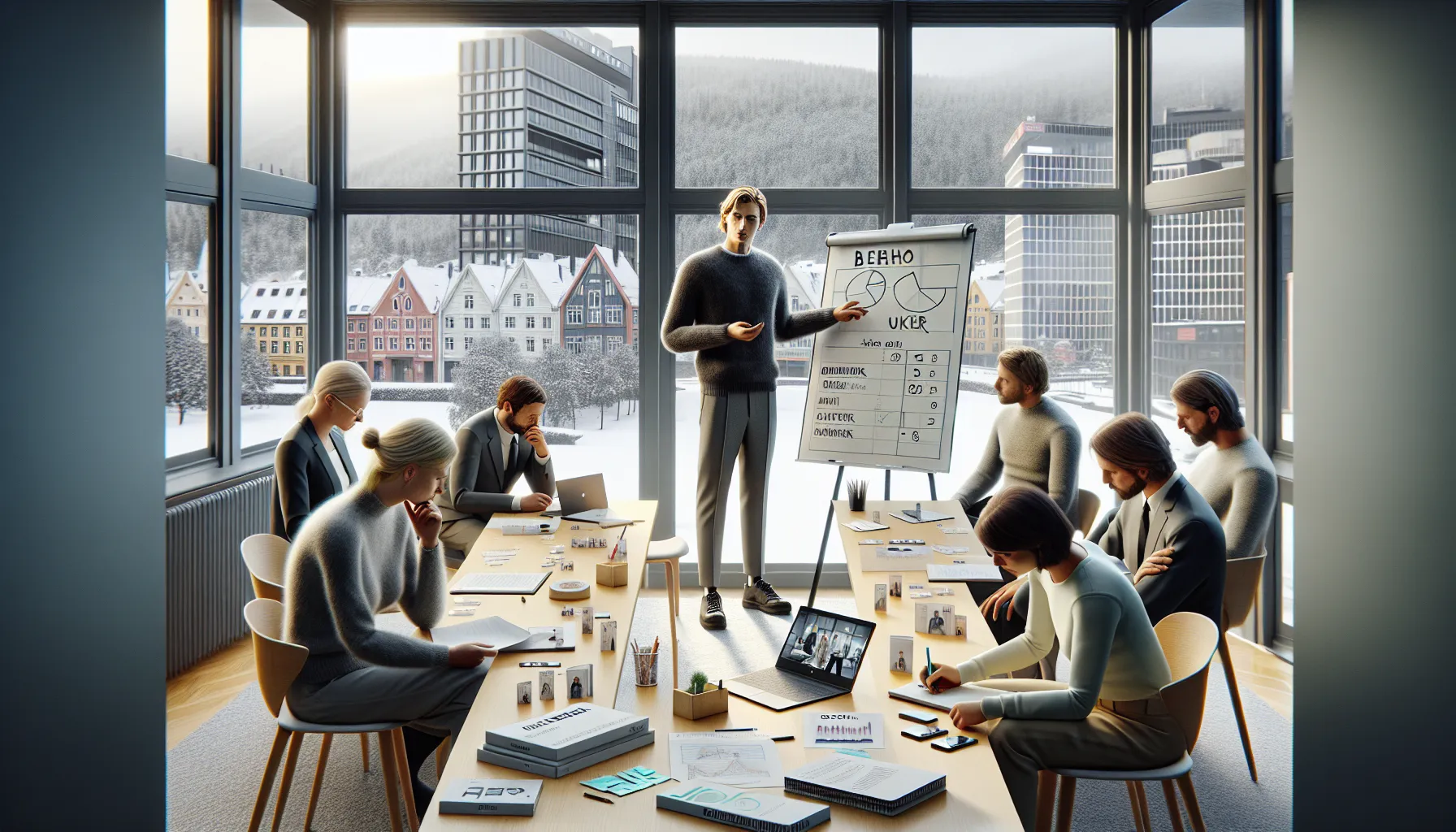 Facilitator maps small team needs on a whiteboard in a norwegian office.