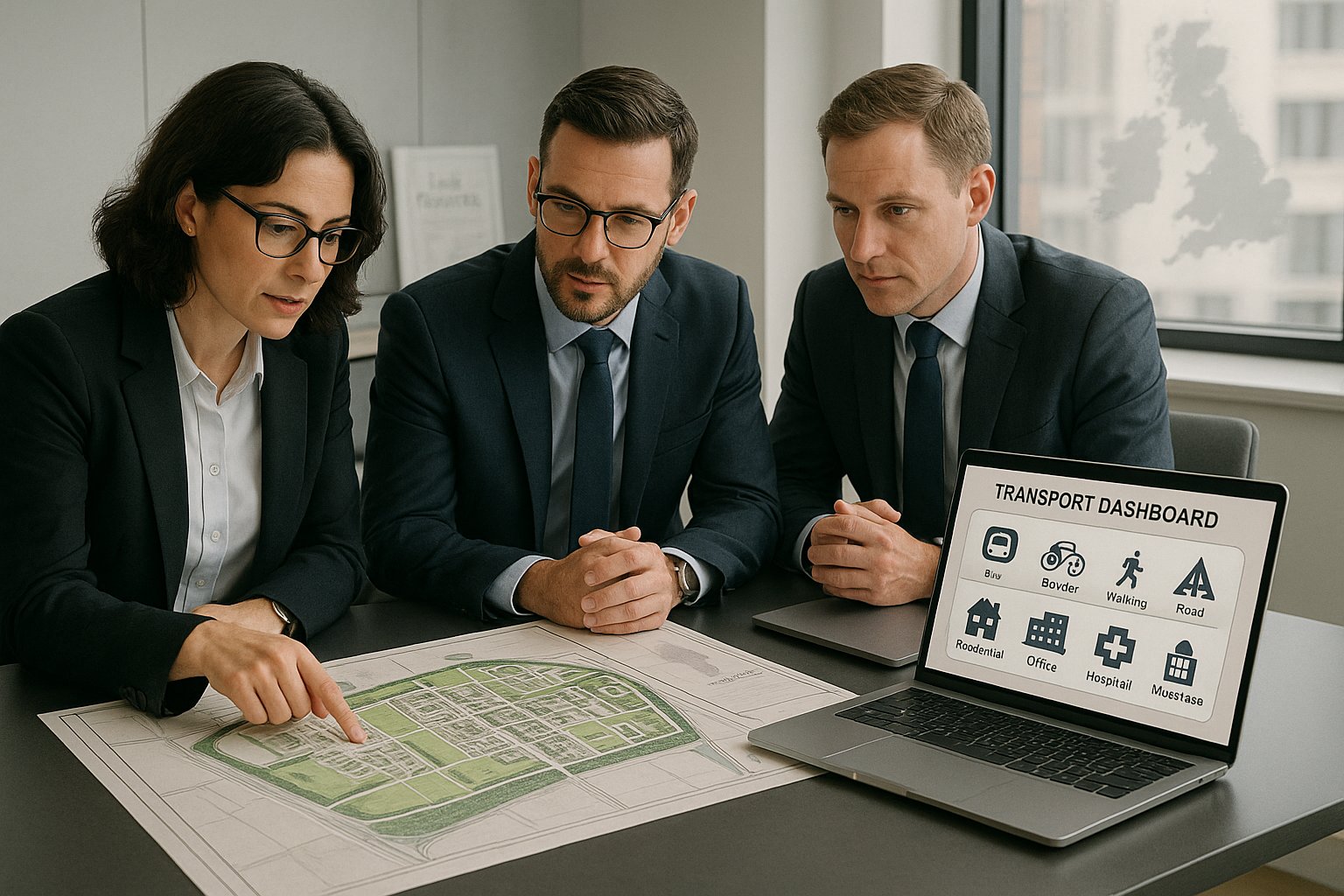 UK planning consultants reviewing sustainable travel needs for a new development.