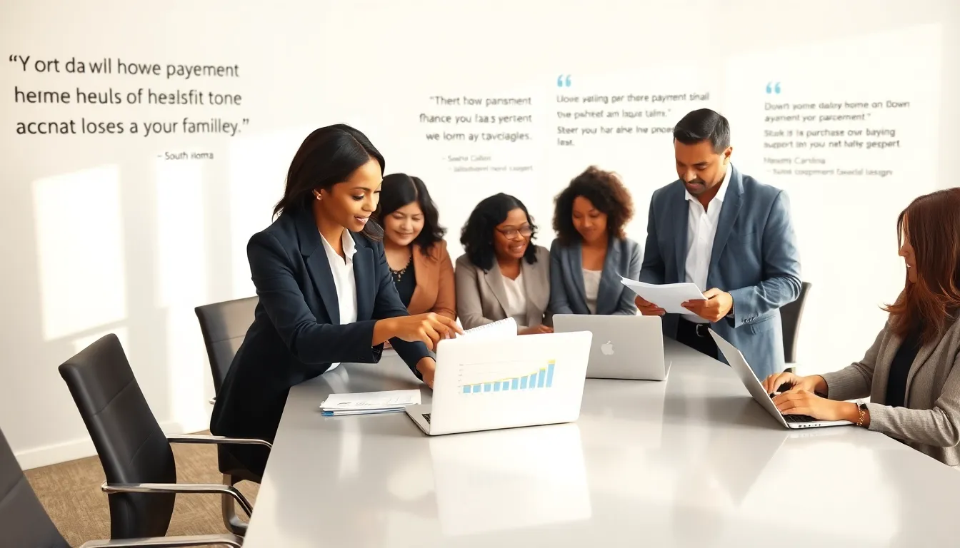 diverse team discussing down payment assistance in a modern office.