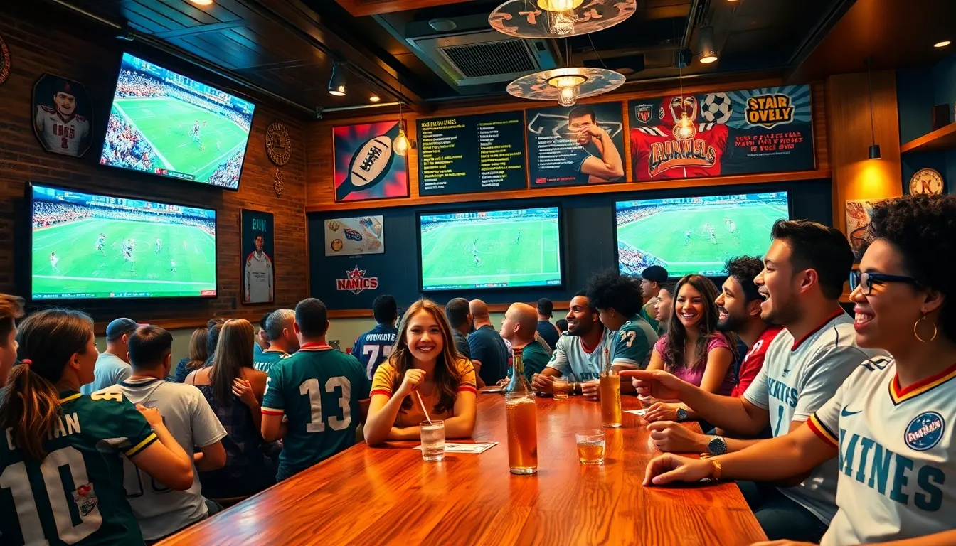 diverse fans enjoying football in a lively sports bar.