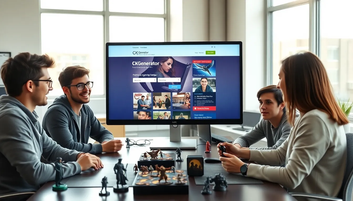 diverse gamers collaborating at a modern desk using CK2Generator.com.