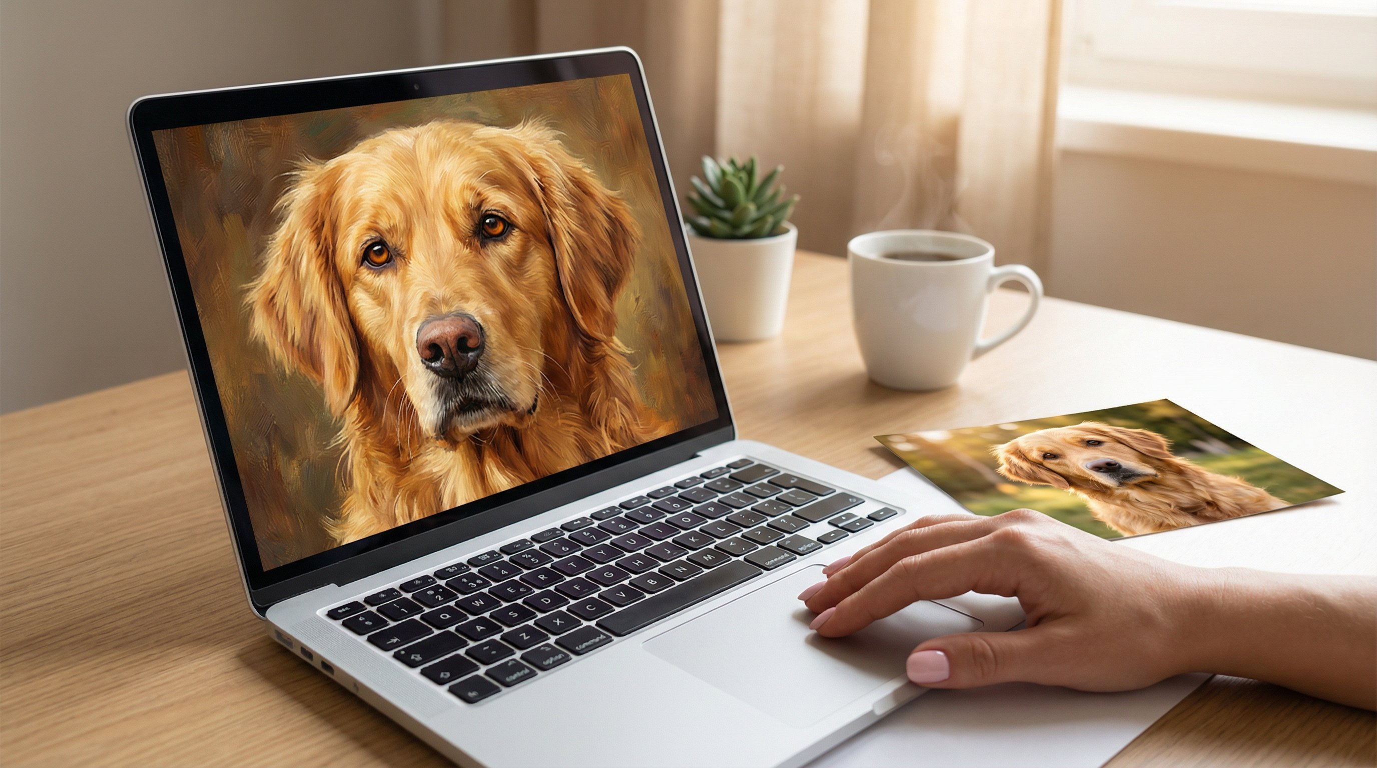 Laptop displaying an AI-generated golden retriever memorial portrait on a sunlit desk.