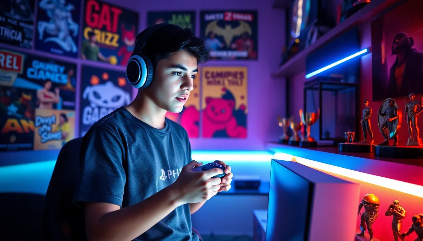 A teenager playing PlayStation in a colorful gaming room.