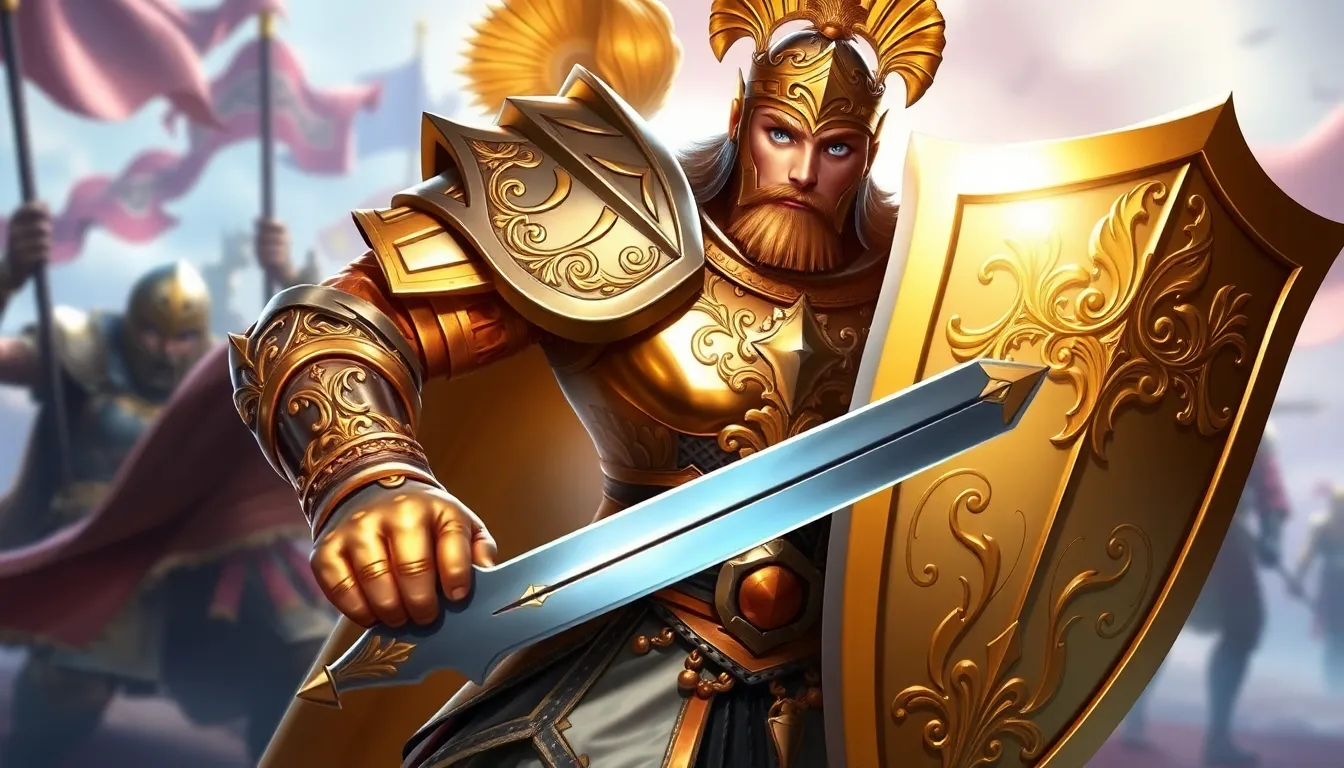 Crusader character in ornate armor wielding a sword and shield.