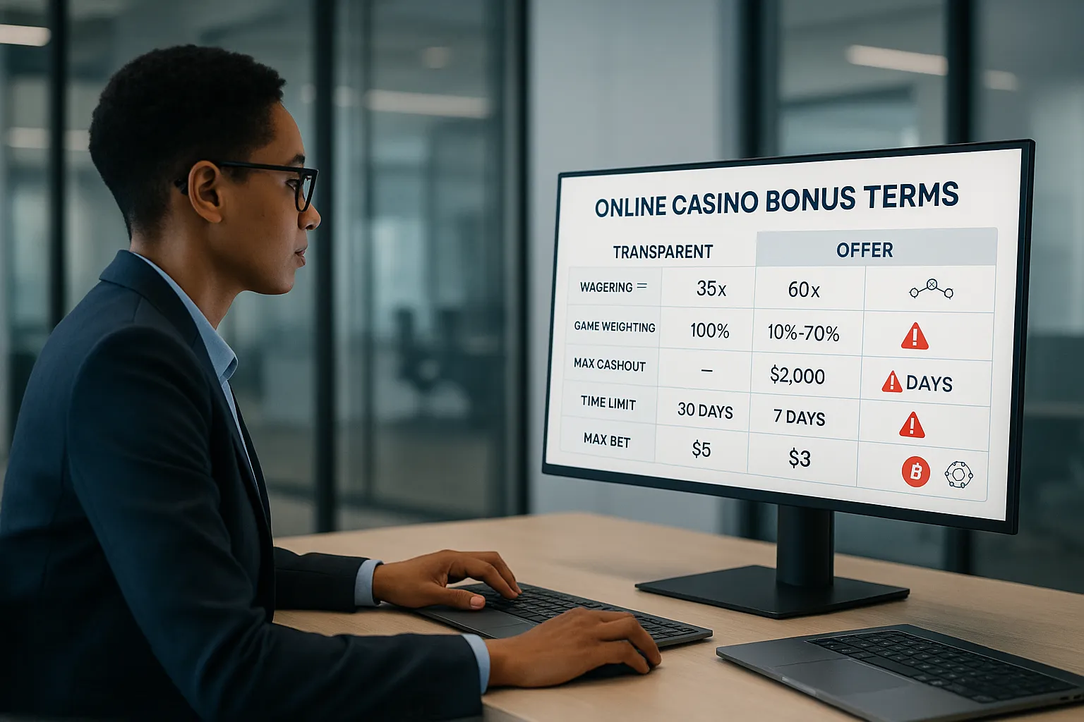 Professional reviewing online casino bonus terms on a dashboard in a modern office.