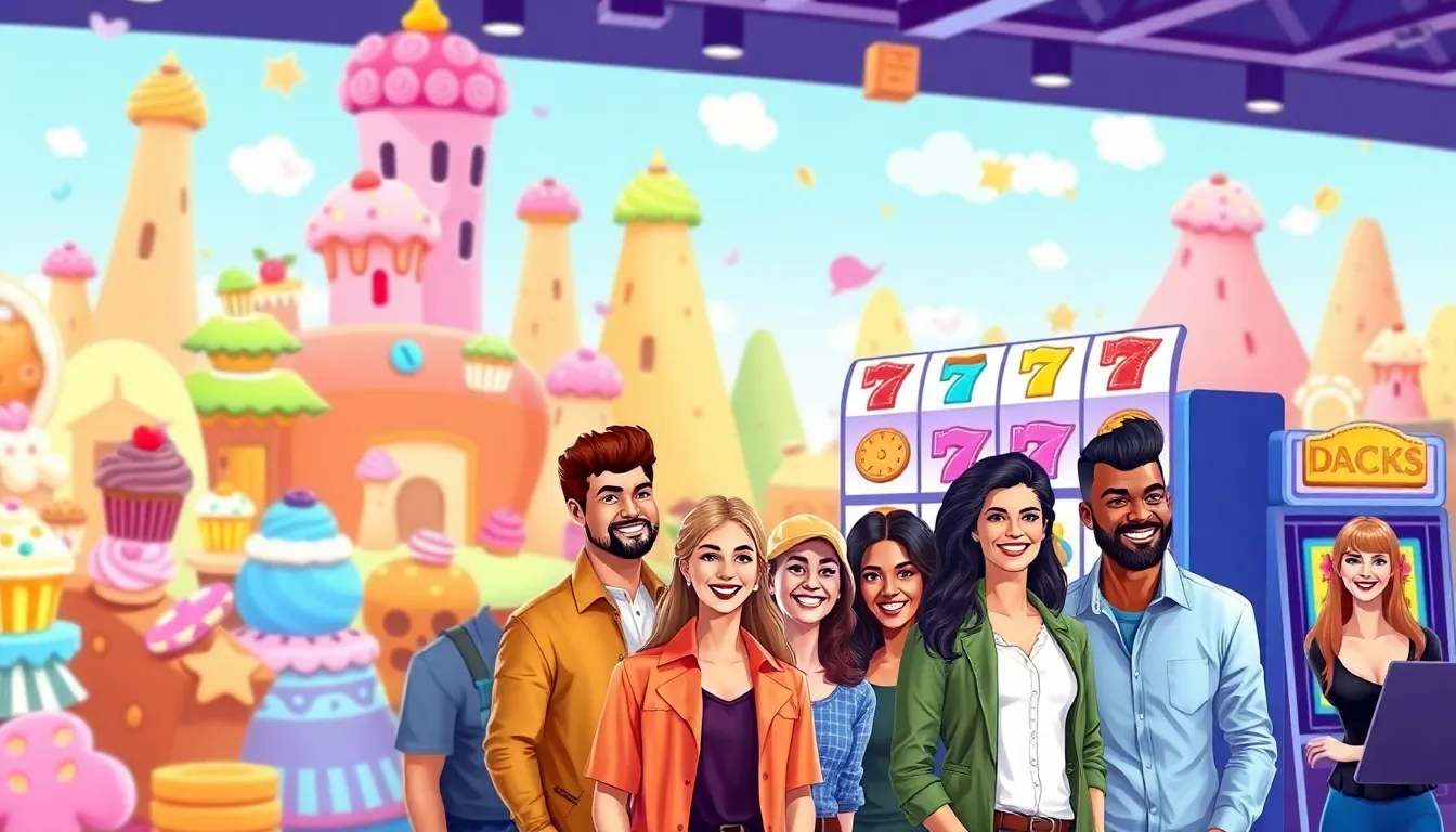 diverse players enjoying colorful cookie-themed slot games.