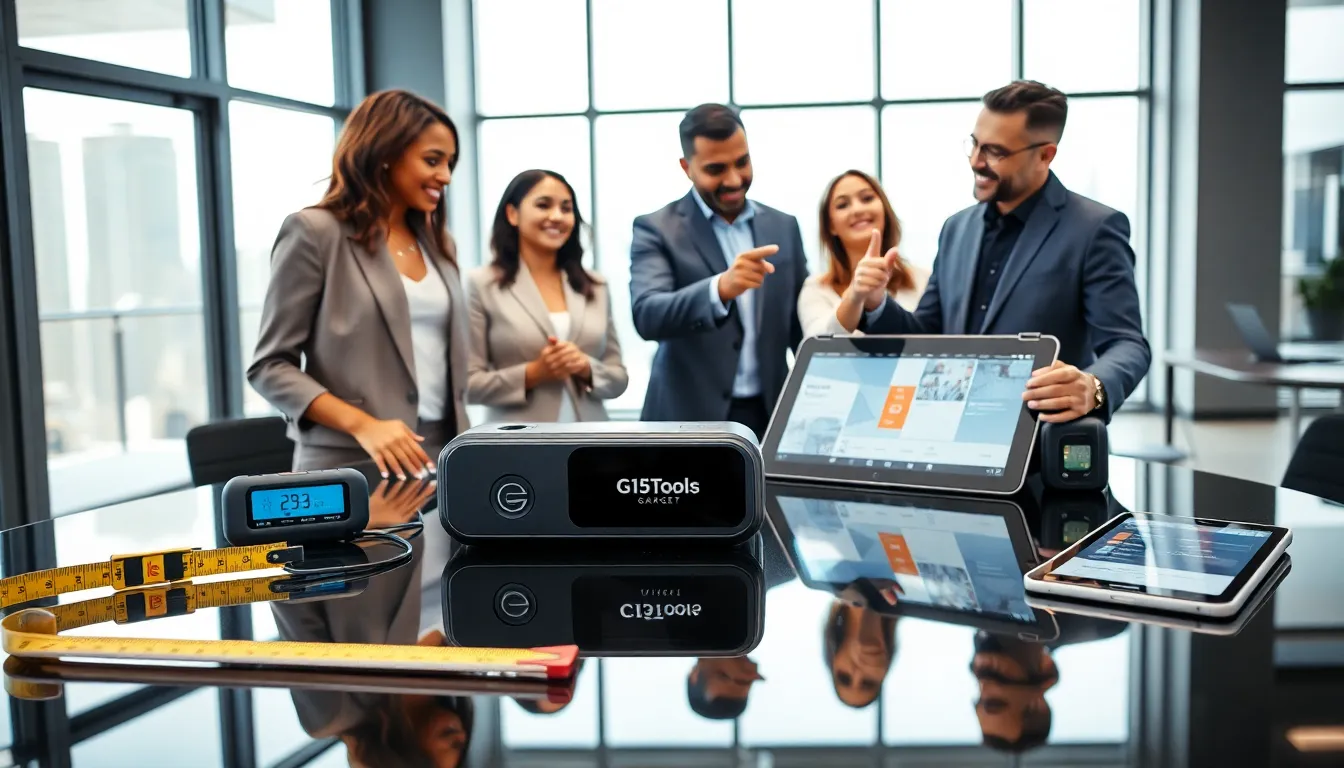 diverse team discussing the G15Tools Gadget in a modern office.