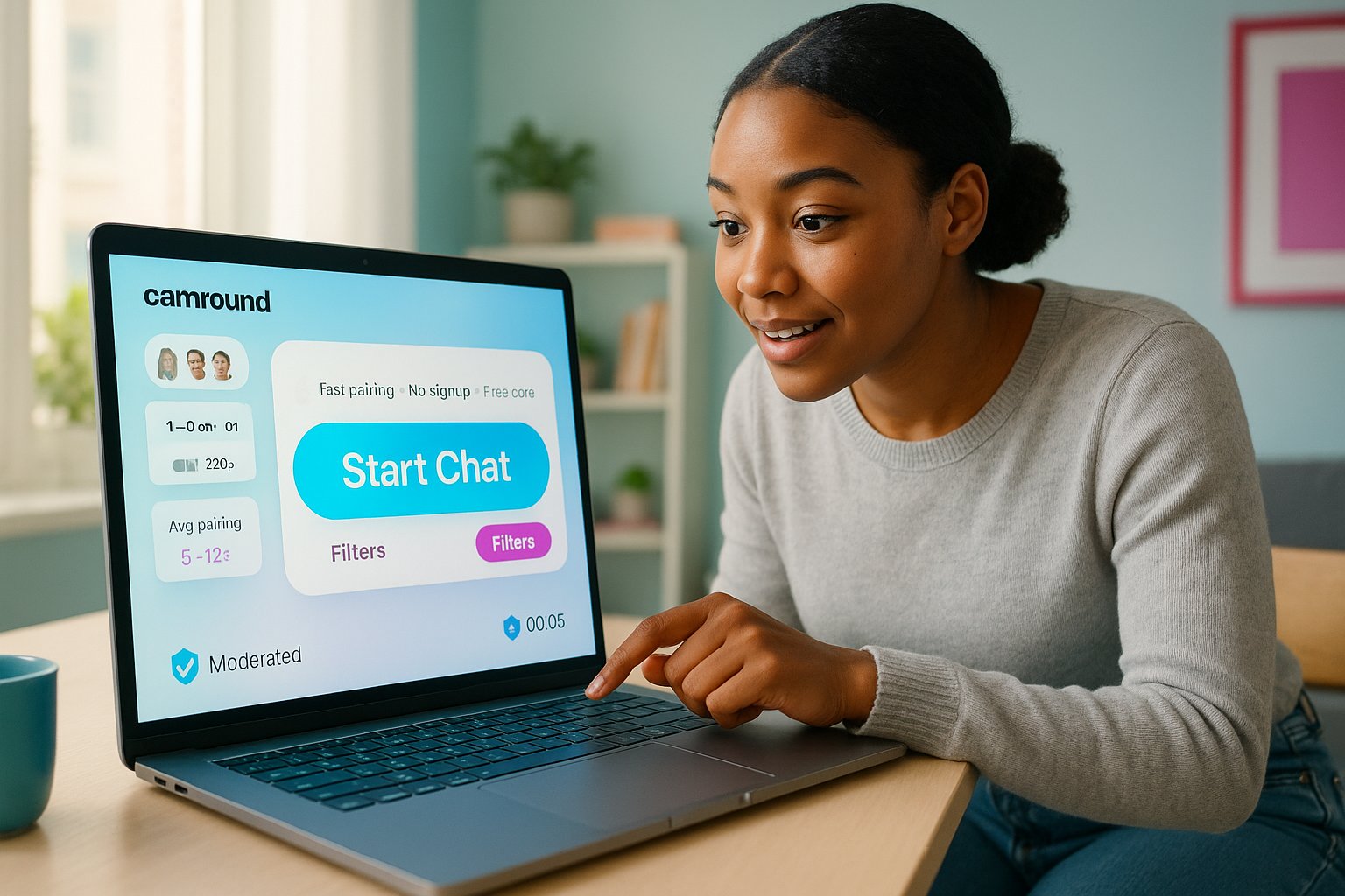Person clicking a laptop showing the camround Start Chat interface.