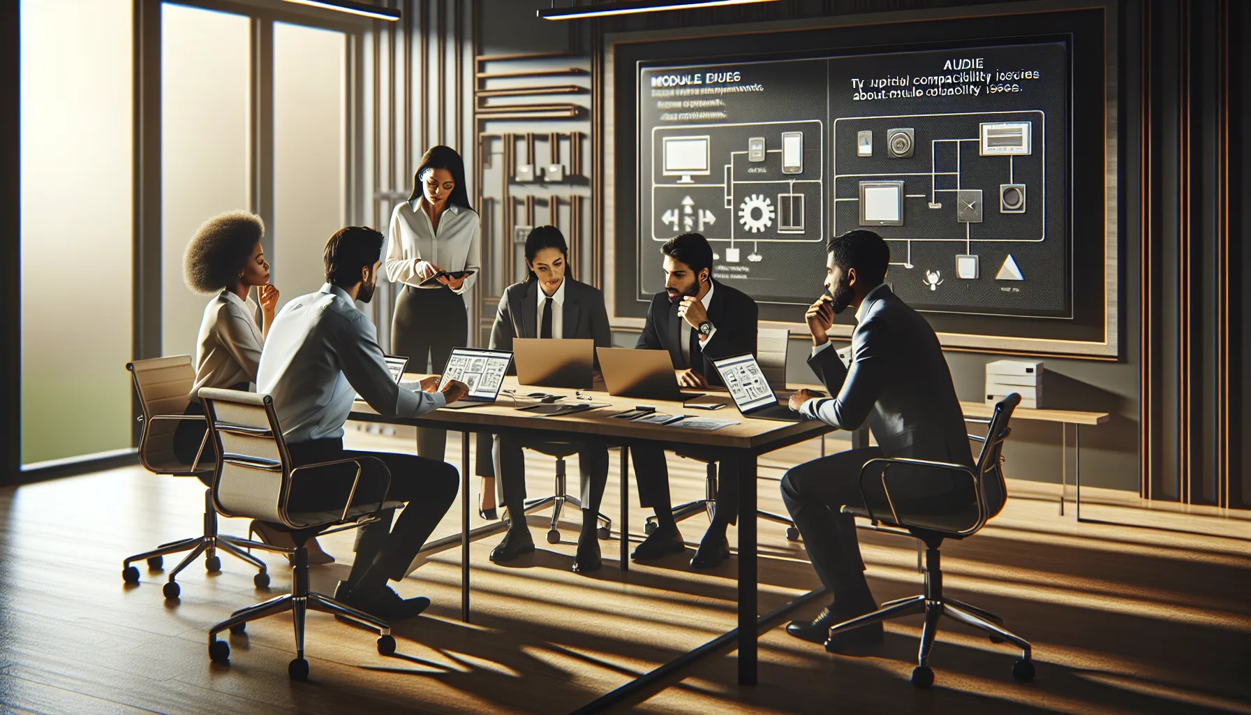 diverse team troubleshooting audio issues in a conference room.