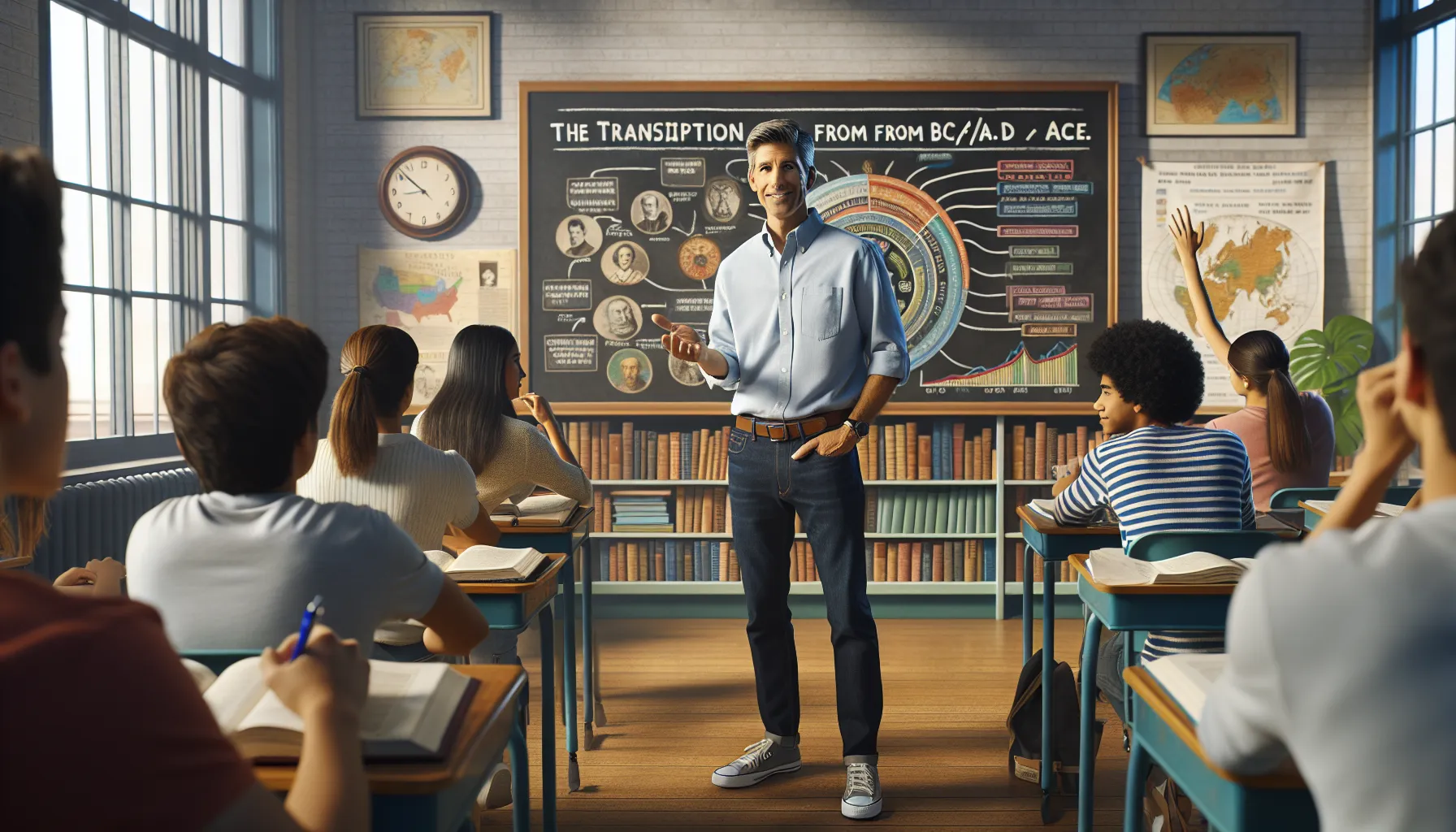 A teacher explaining the shift from BC/AD to CE/BCE in a classroom.