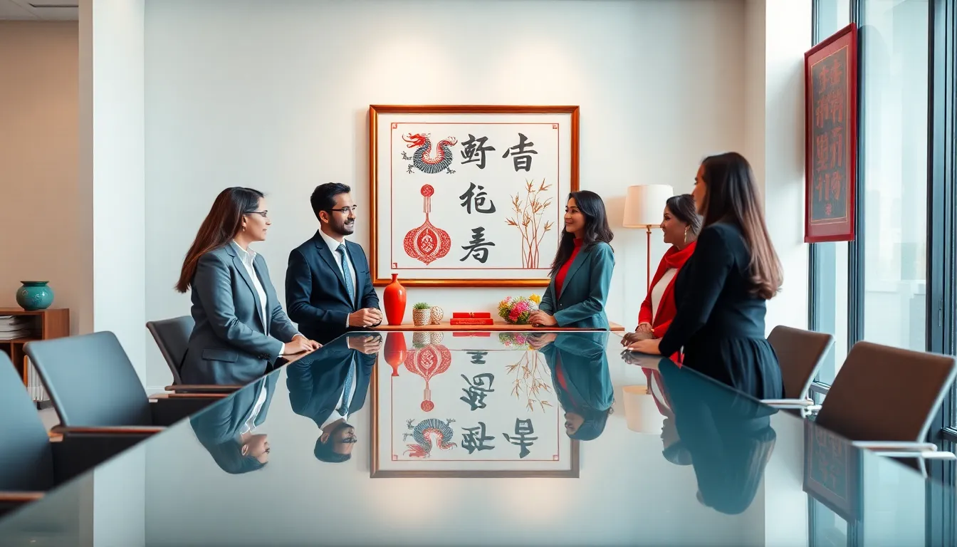 diverse team discussing in an office with Chinese luck symbols.