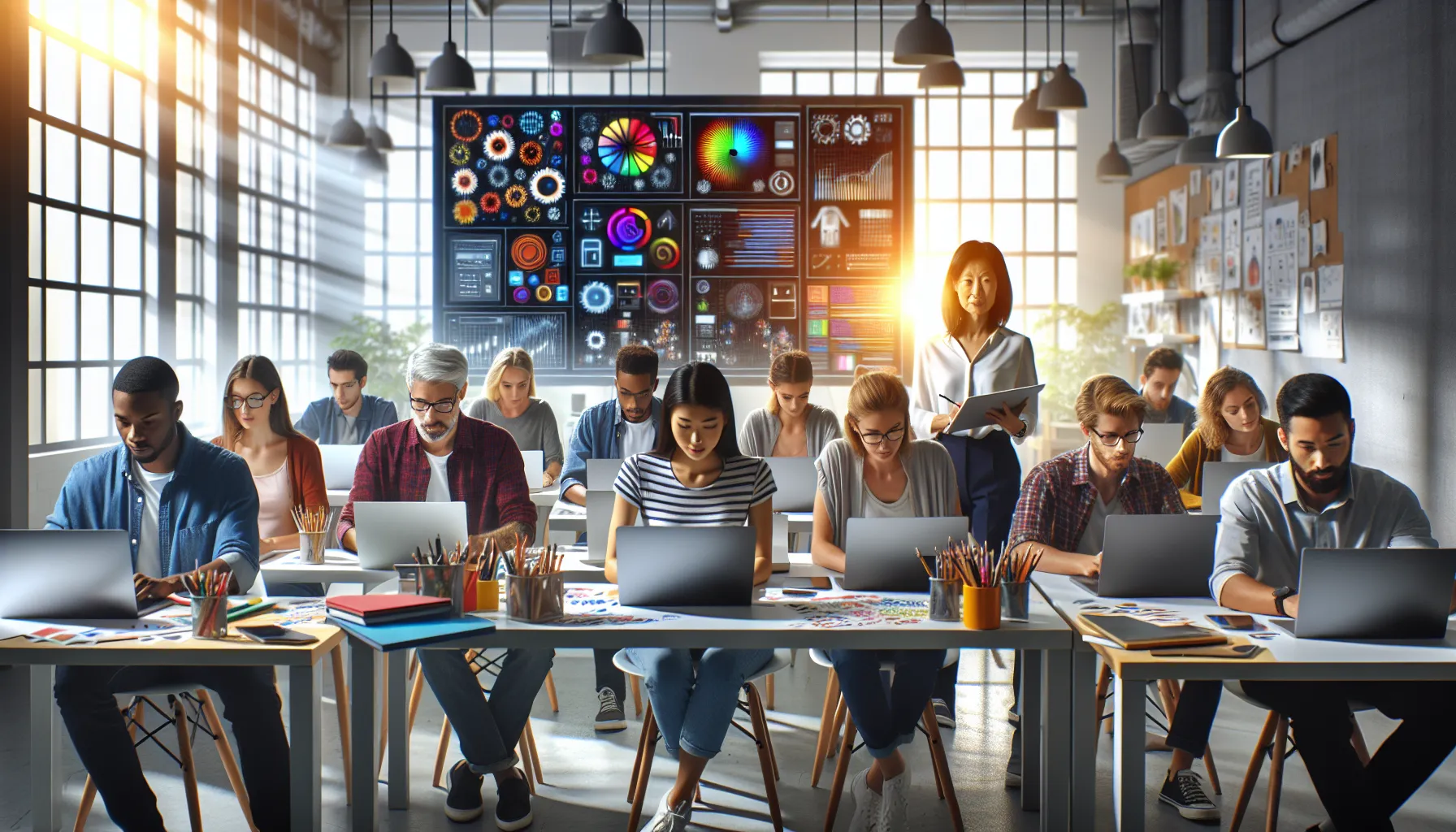 students learning Photoshop in a modern classroom setting.