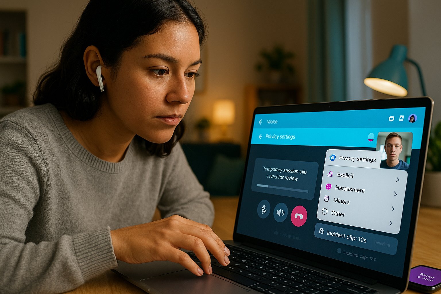 Woman at laptop using videollamada with visible report and privacy controls.