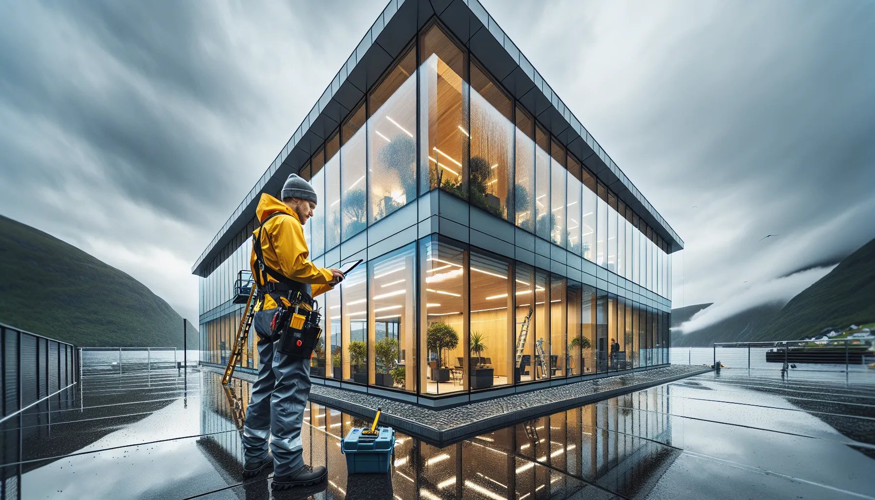 Rain cleans norwegian office’s self-cleaning glass as technician monitors safely below.