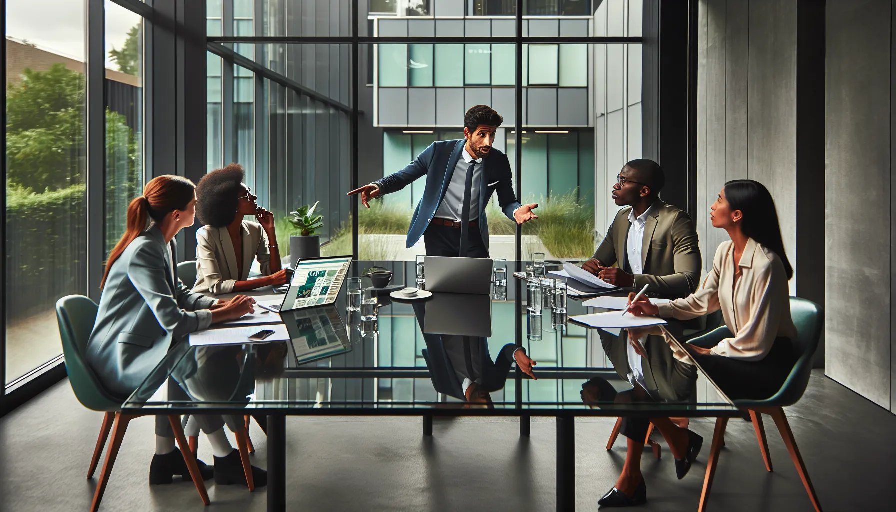 diverse professionals discussing .green domains in a modern office.