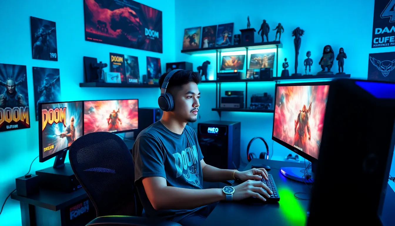 A gamer immersed in a high-tech gaming room filled with memorabilia.