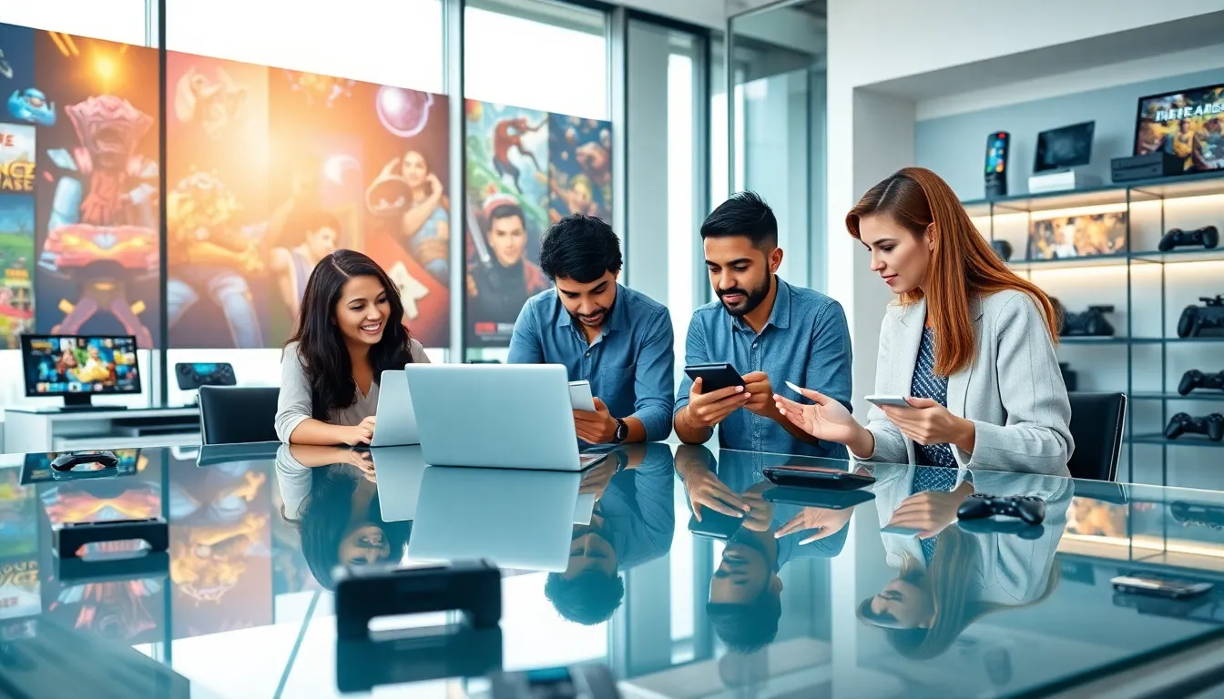 diverse team collaborating in a modern gaming office.
