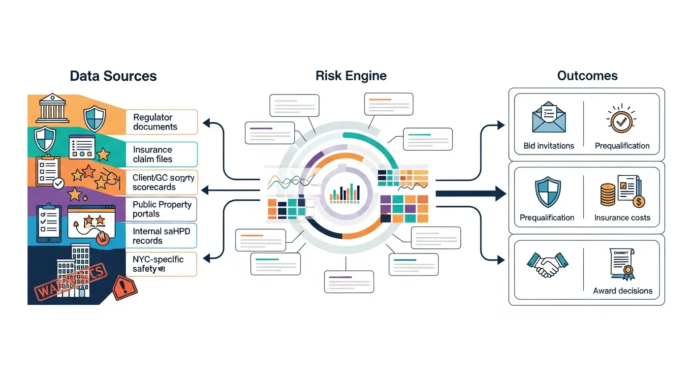 Diagram of construction violation data flowing into risk scores and job award outcomes.