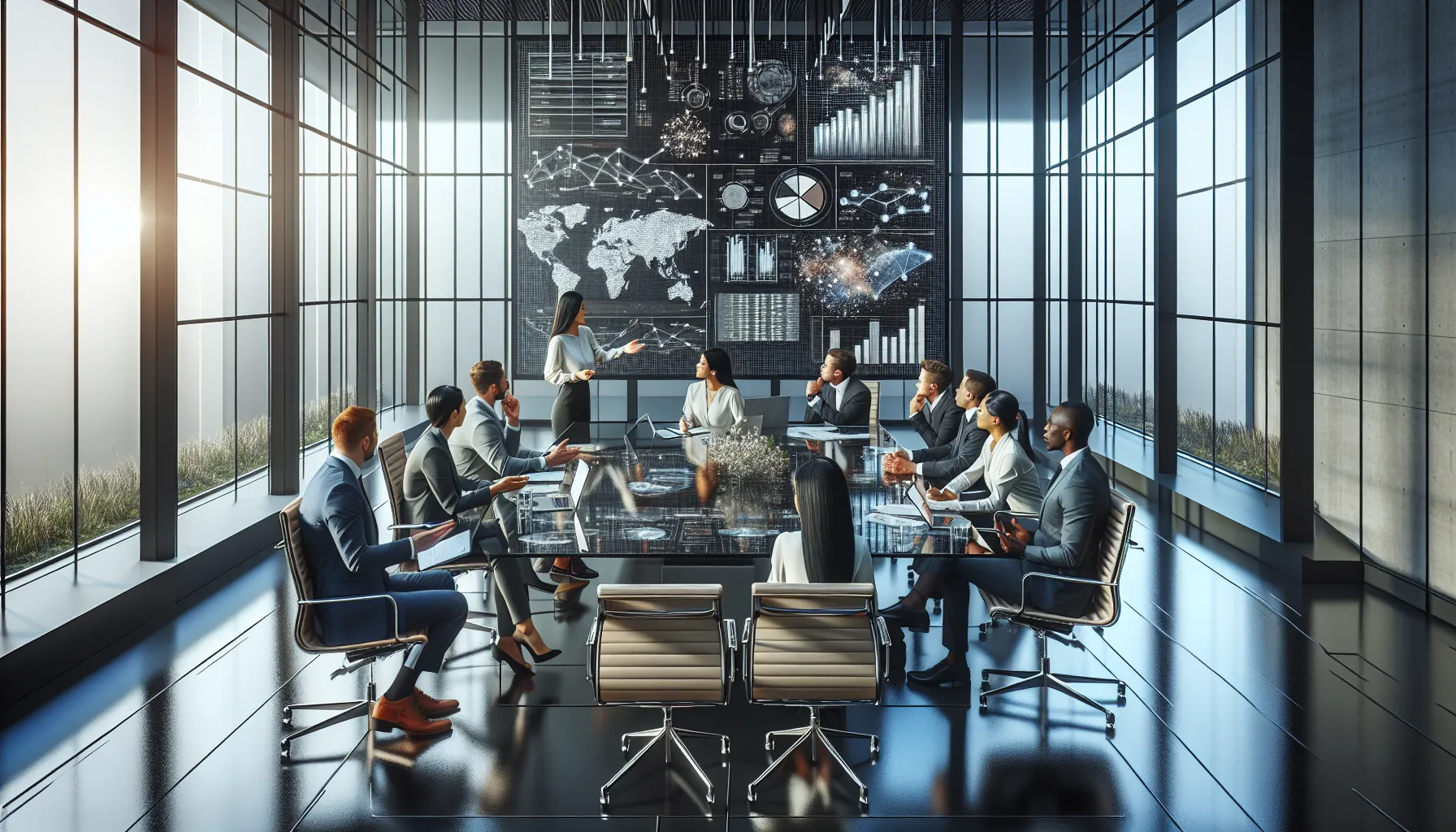 diverse team discussing data analytics in a modern office.