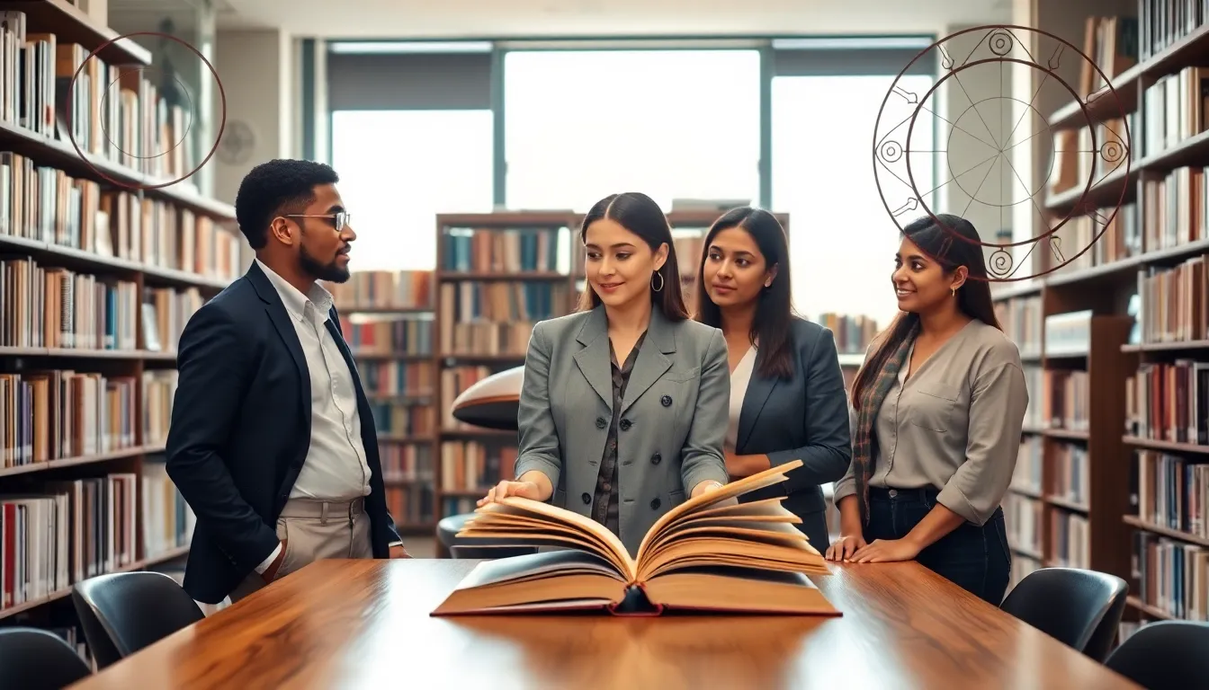 diverse group discussing theosophy in a modern library.