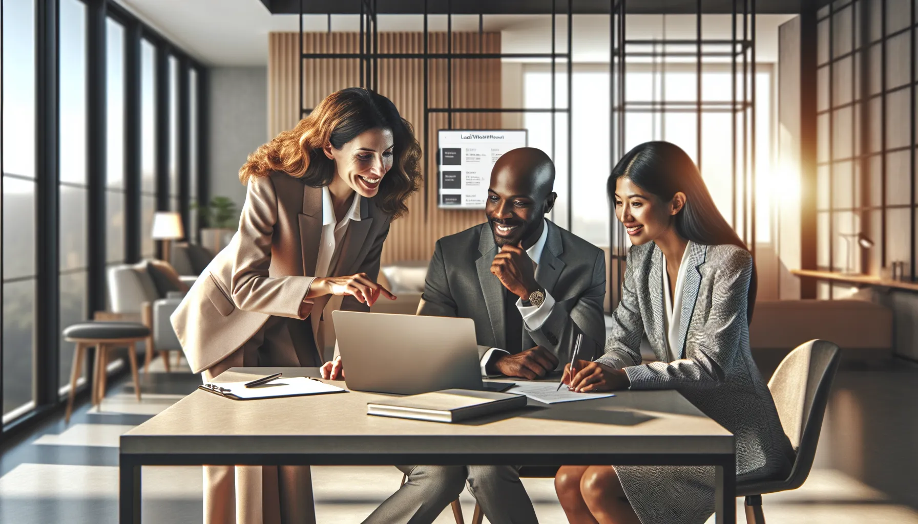 diverse team discussing hotel bookings in a modern office.
