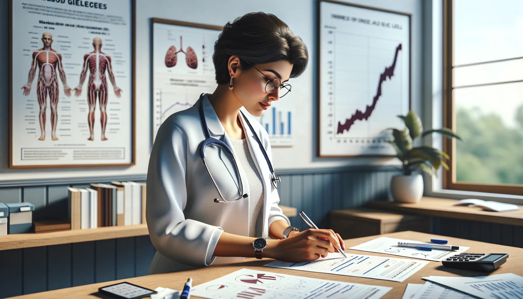 a doctor reviewing blood glucose and A1C charts in a medical office.