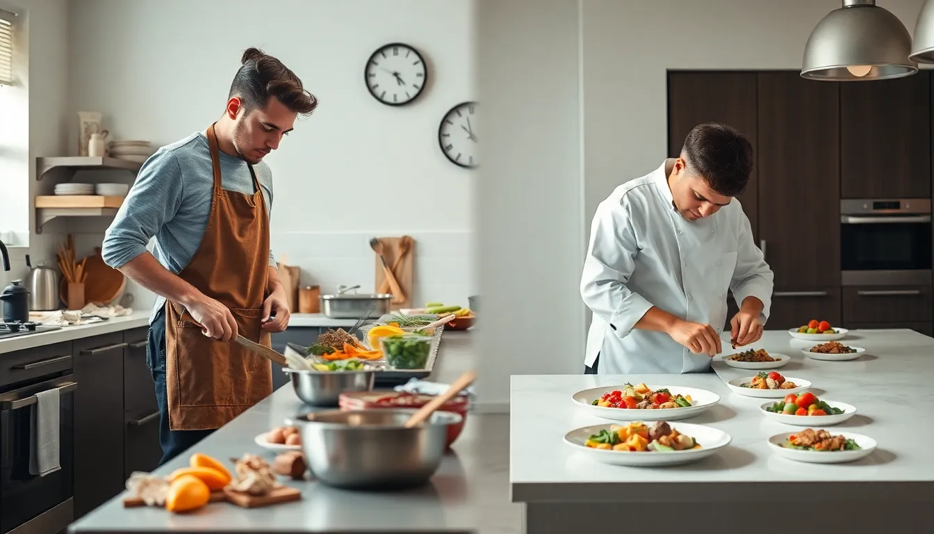A novice and experienced chef contrasting time management in a kitchen.