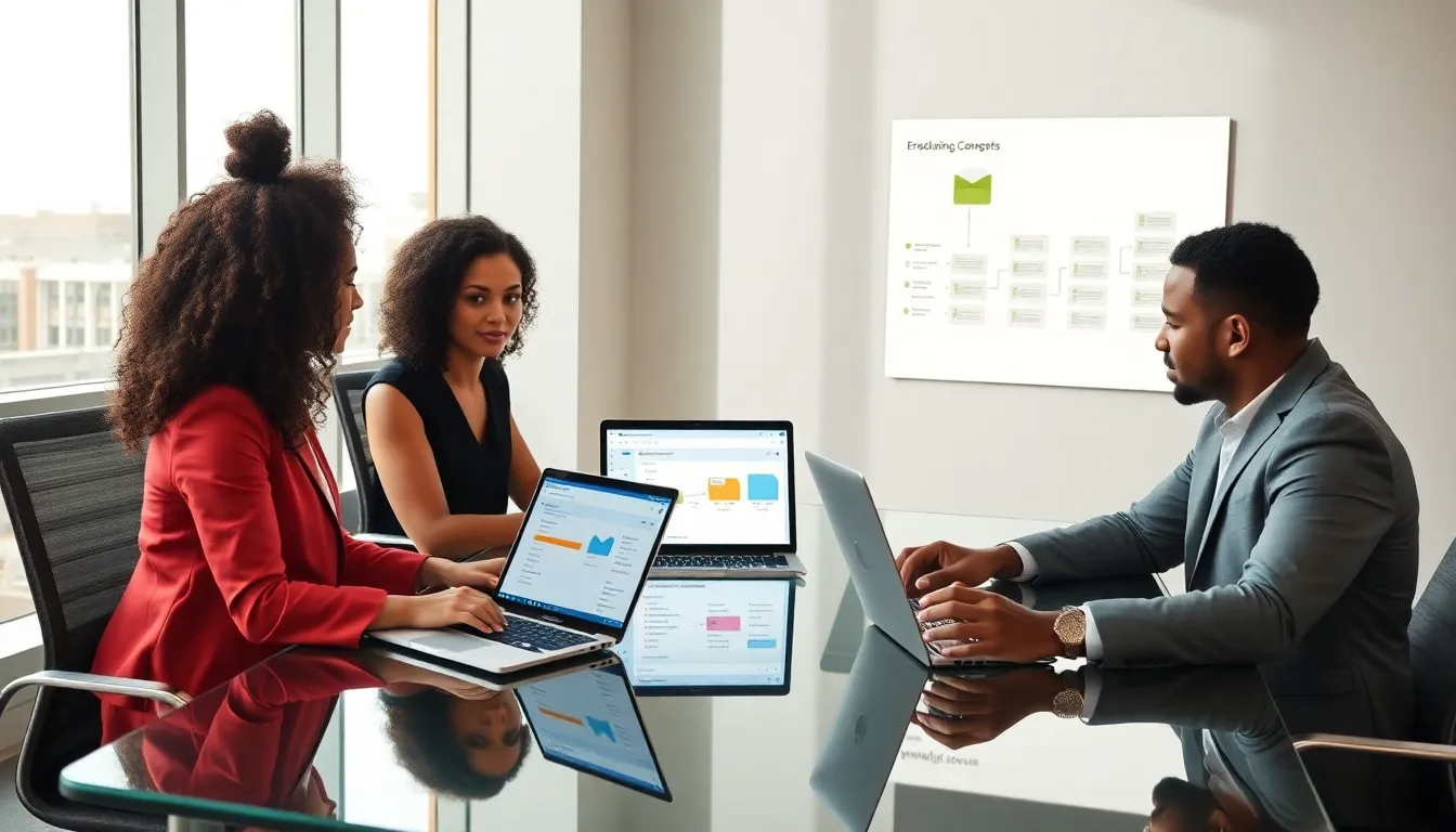 professionals collaborating in a modern office focused on email management.