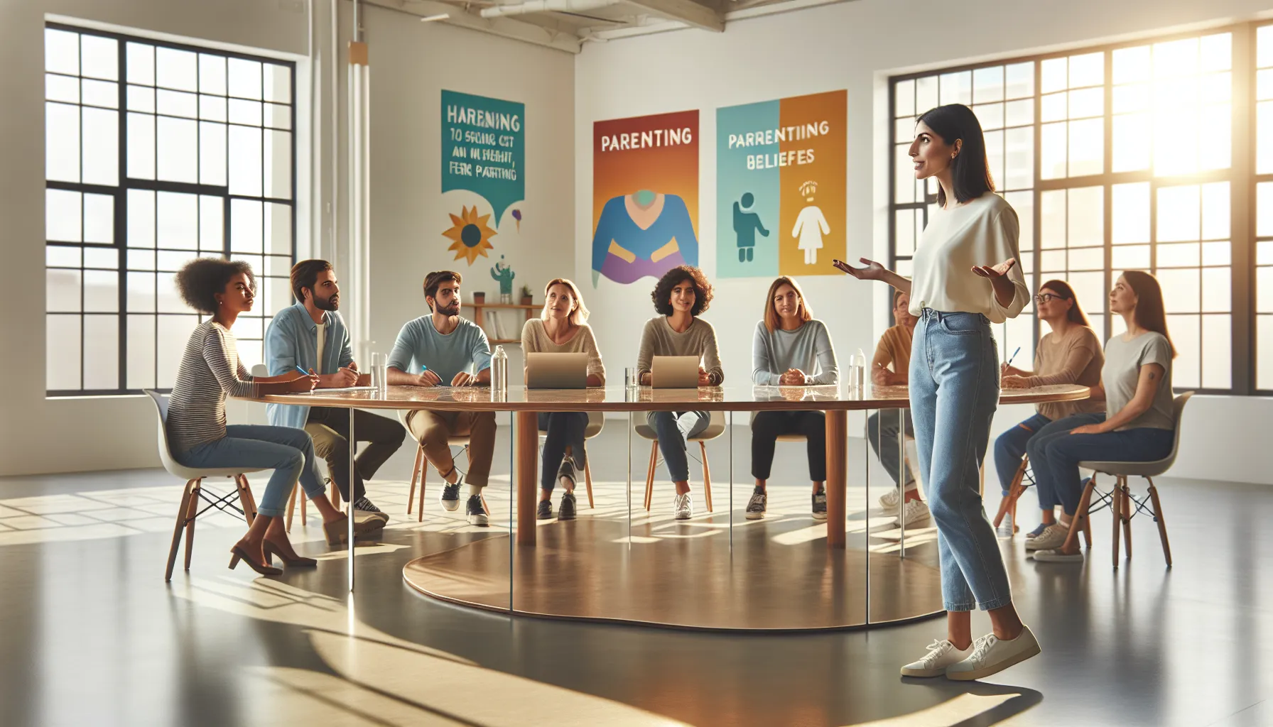 diverse parents discussing parenting philosophies in a community center.