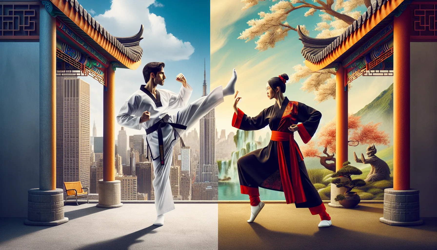 Comparative depiction of Taekwondo and Kung Fu practitioners in respective settings.