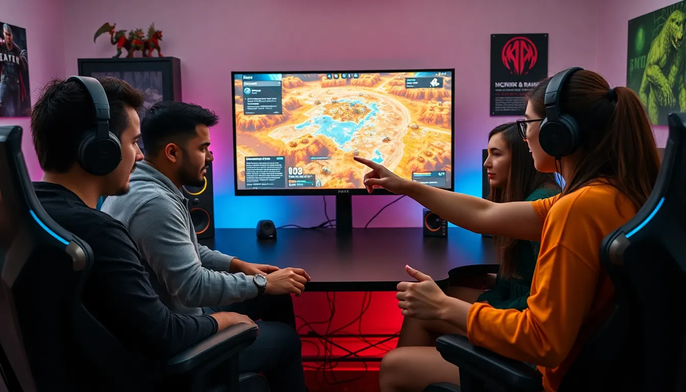 diverse gamers strategizing in a modern gaming workspace.