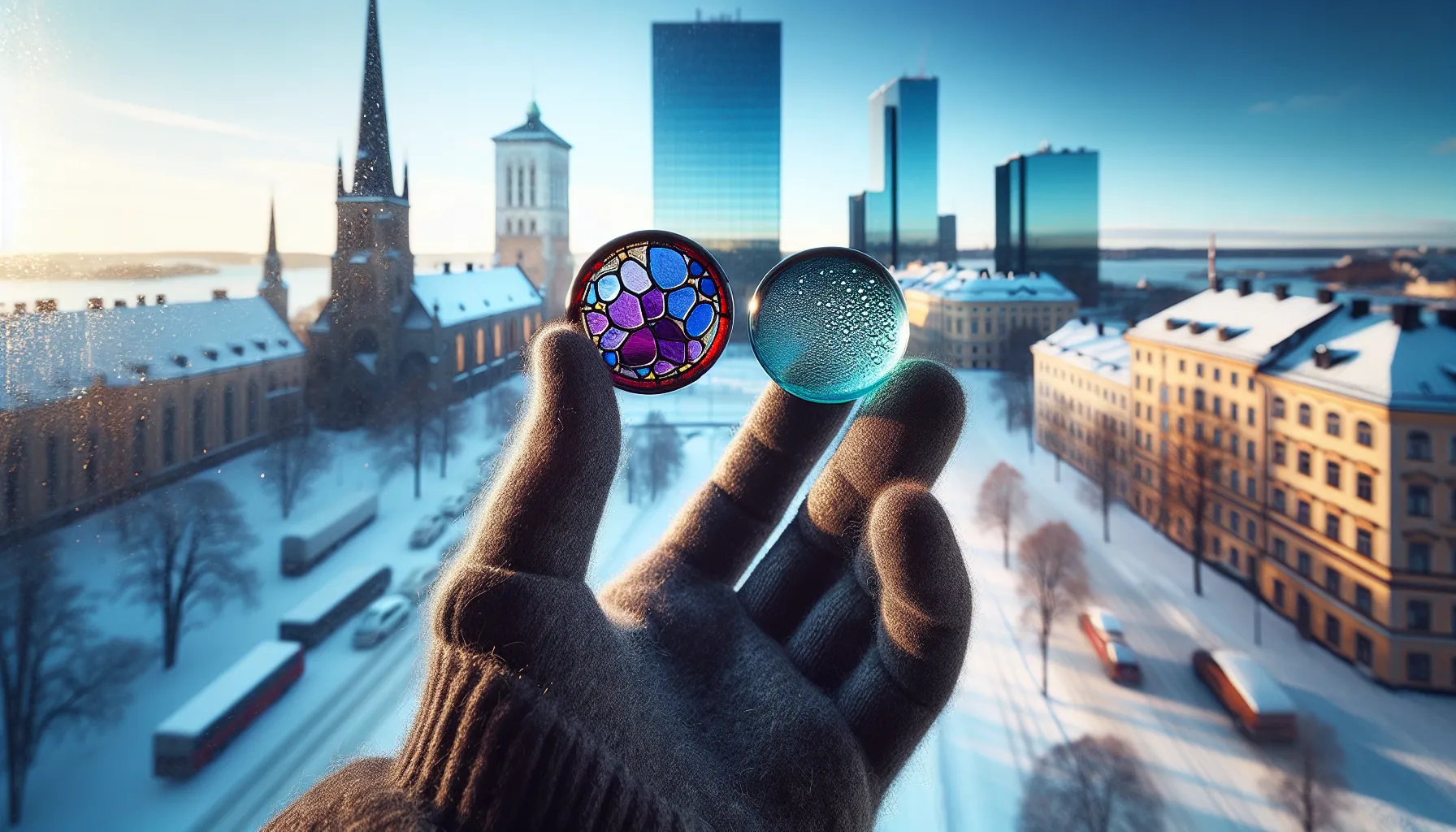 Norwegian hand holds three historic glass samples against evolving architectural backdrop.